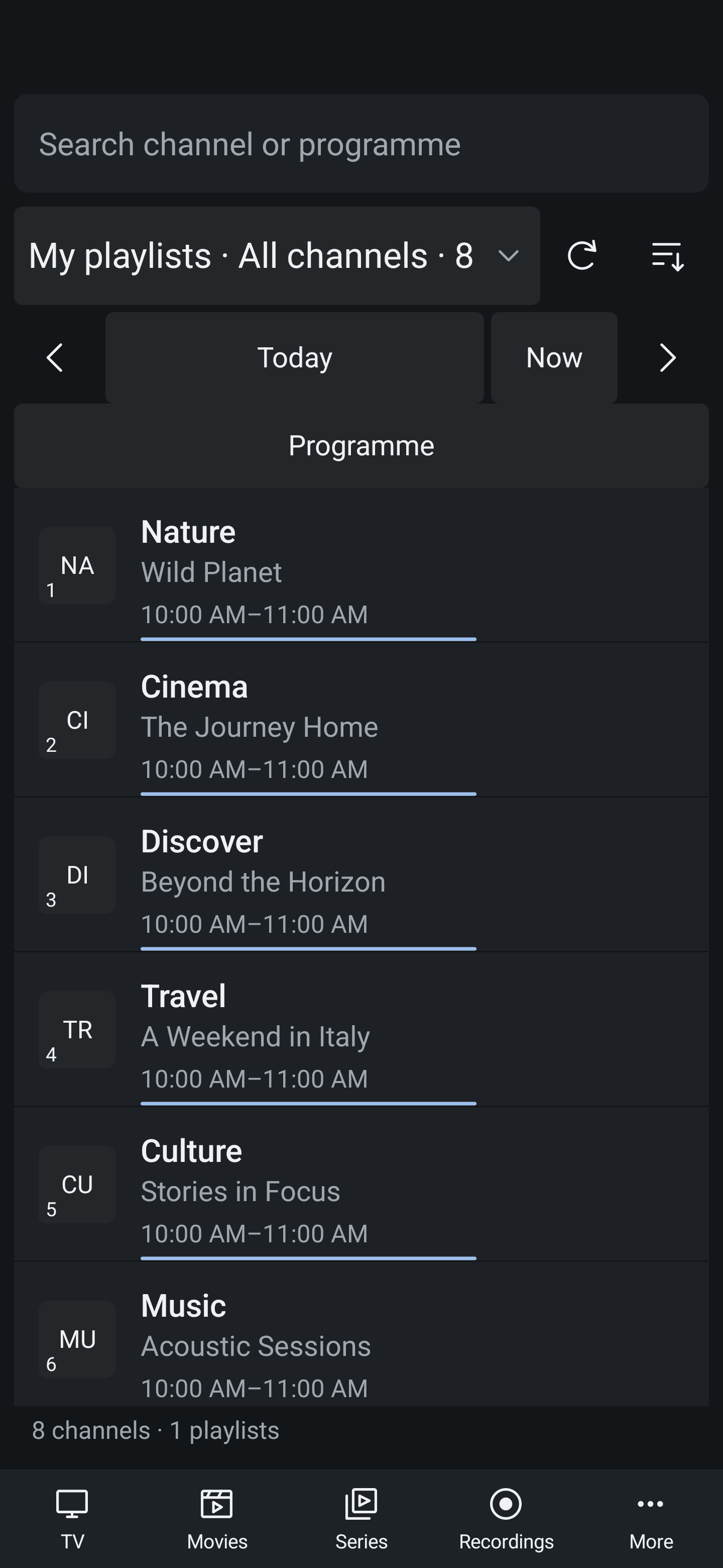 OrbitAItv channel list and programme information on a phone with fictional channels