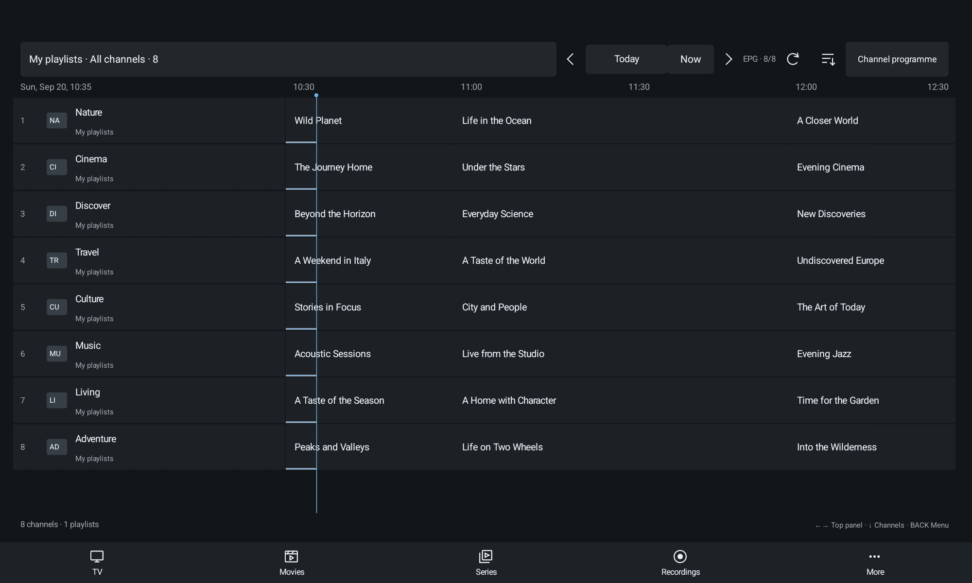 OrbitAItv programme guide on a tablet with fictional channels and a populated schedule