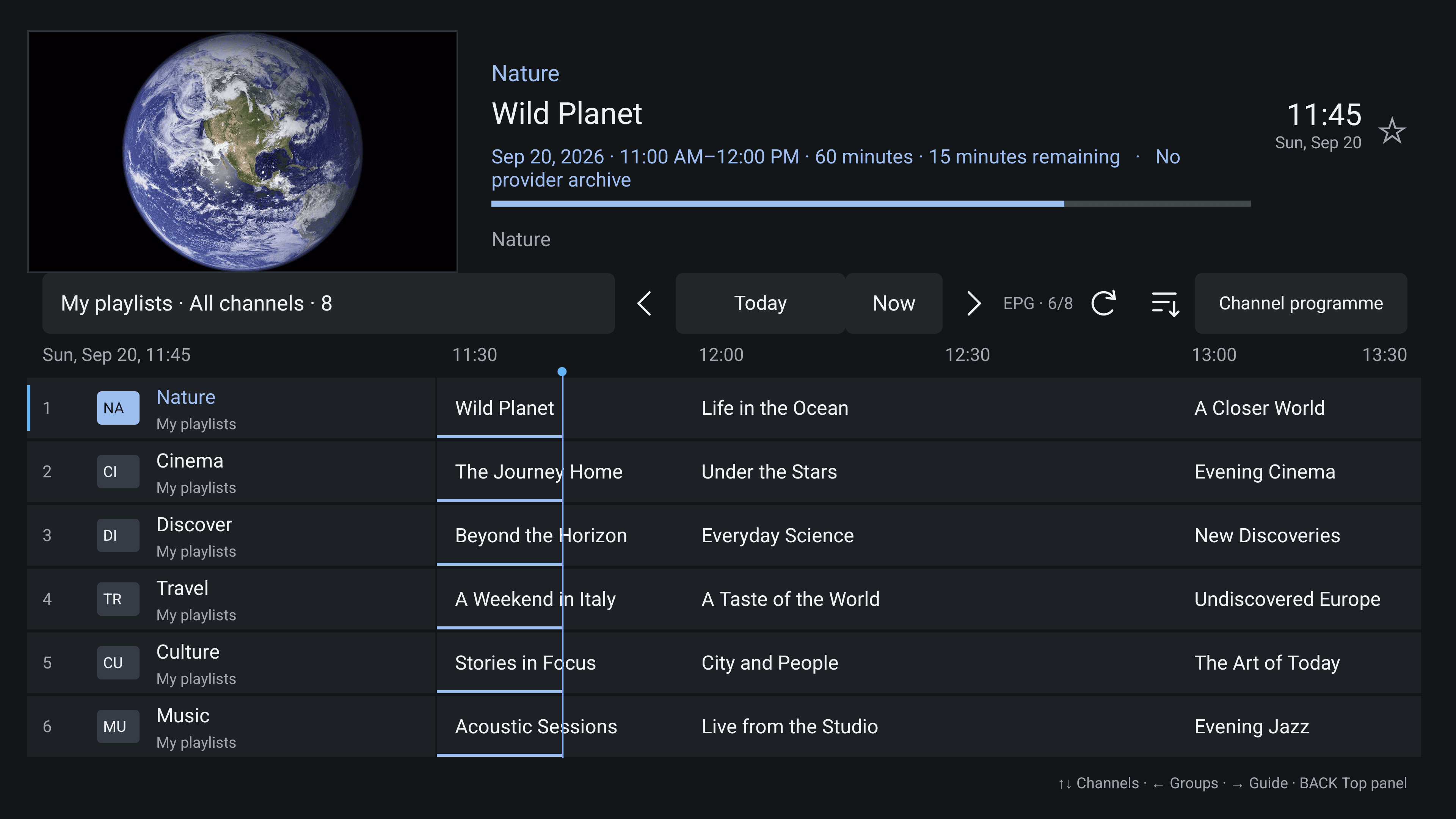 OrbitAItv television interface with sample channels, programme guide and focus for remote navigation